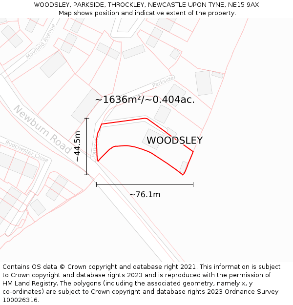 WOODSLEY, PARKSIDE, THROCKLEY, NEWCASTLE UPON TYNE, NE15 9AX: Plot and title map