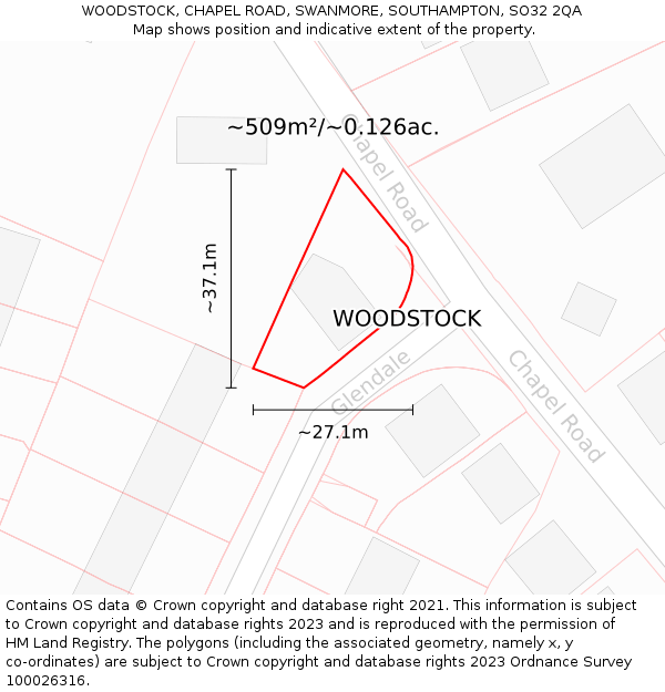 WOODSTOCK, CHAPEL ROAD, SWANMORE, SOUTHAMPTON, SO32 2QA: Plot and title map