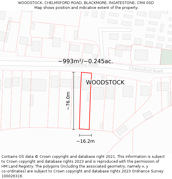 WOODSTOCK, CHELMSFORD ROAD, BLACKMORE, INGATESTONE, CM4 0SD: Plot and title map