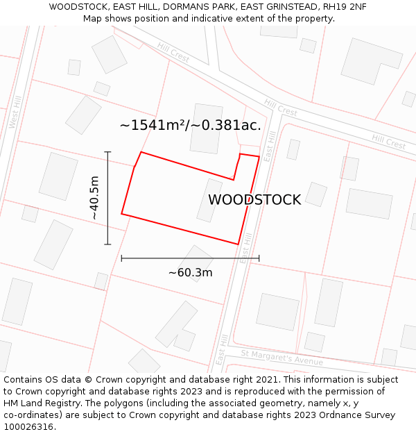 WOODSTOCK, EAST HILL, DORMANS PARK, EAST GRINSTEAD, RH19 2NF: Plot and title map