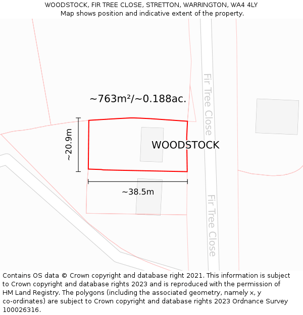 WOODSTOCK, FIR TREE CLOSE, STRETTON, WARRINGTON, WA4 4LY: Plot and title map