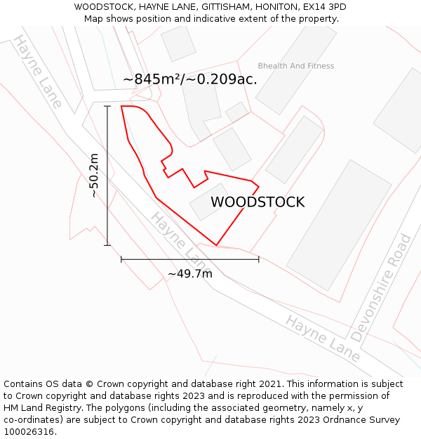 WOODSTOCK, HAYNE LANE, GITTISHAM, HONITON, EX14 3PD: Plot and title map