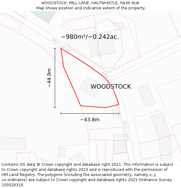 WOODSTOCK, MILL LANE, HALTWHISTLE, NE49 9LW: Plot and title map