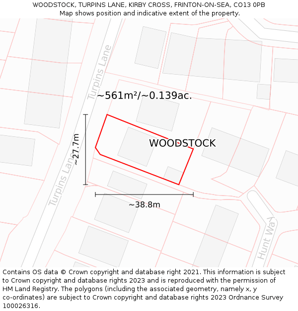 WOODSTOCK, TURPINS LANE, KIRBY CROSS, FRINTON-ON-SEA, CO13 0PB: Plot and title map