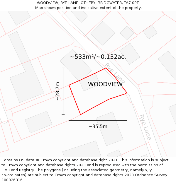 WOODVIEW, RYE LANE, OTHERY, BRIDGWATER, TA7 0PT: Plot and title map