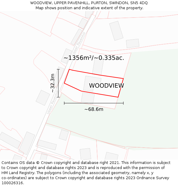 WOODVIEW, UPPER PAVENHILL, PURTON, SWINDON, SN5 4DQ: Plot and title map