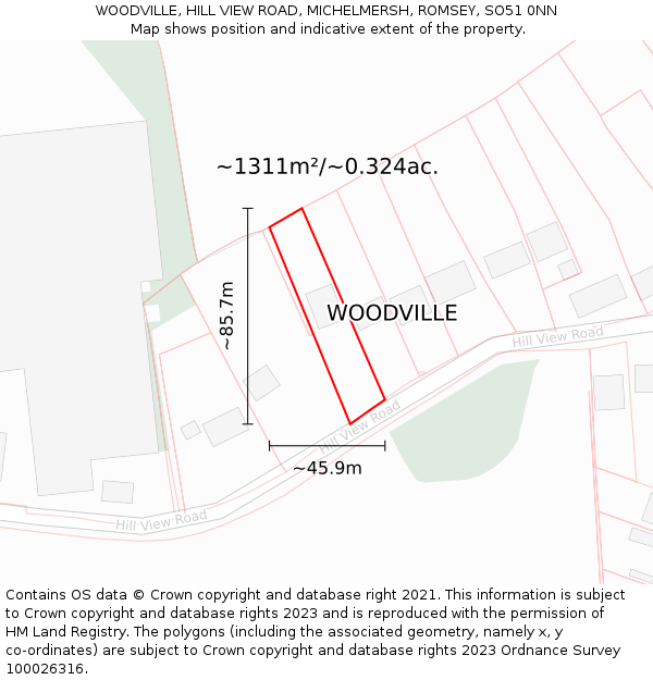 WOODVILLE, HILL VIEW ROAD, MICHELMERSH, ROMSEY, SO51 0NN: Plot and title map