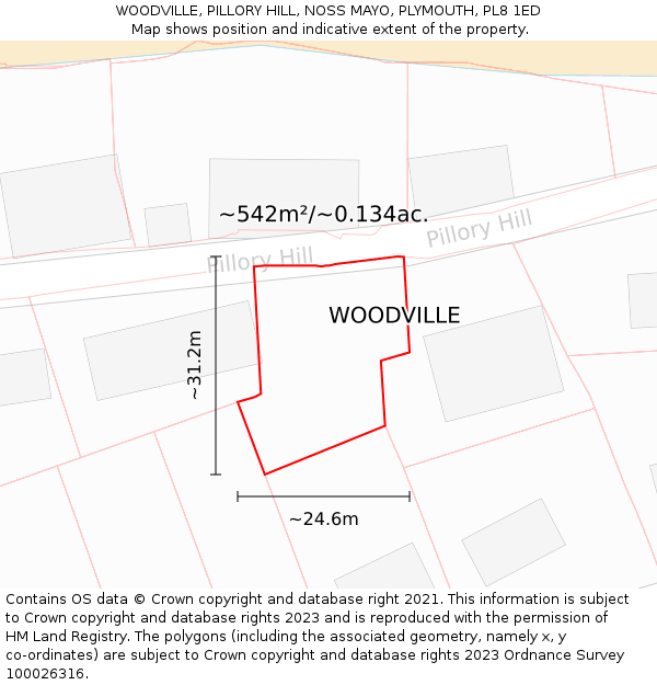 WOODVILLE, PILLORY HILL, NOSS MAYO, PLYMOUTH, PL8 1ED: Plot and title map