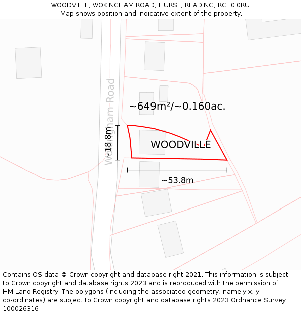 WOODVILLE, WOKINGHAM ROAD, HURST, READING, RG10 0RU: Plot and title map