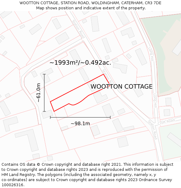 WOOTTON COTTAGE, STATION ROAD, WOLDINGHAM, CATERHAM, CR3 7DE: Plot and title map