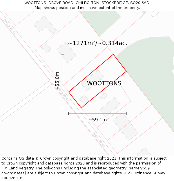 WOOTTONS, DROVE ROAD, CHILBOLTON, STOCKBRIDGE, SO20 6AD: Plot and title map