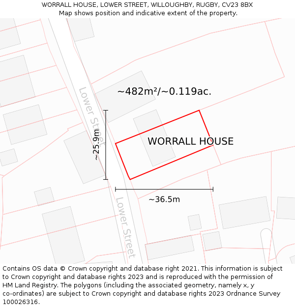 WORRALL HOUSE, LOWER STREET, WILLOUGHBY, RUGBY, CV23 8BX: Plot and title map