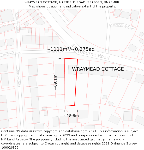 WRAYMEAD COTTAGE, HARTFIELD ROAD, SEAFORD, BN25 4PR: Plot and title map