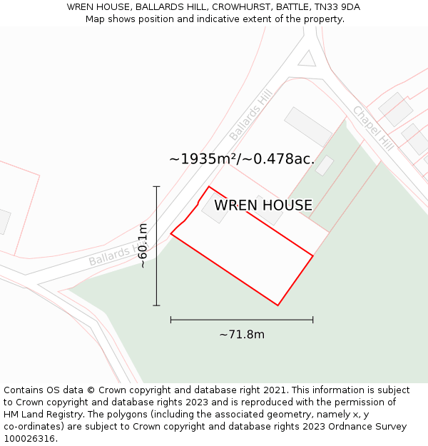 WREN HOUSE, BALLARDS HILL, CROWHURST, BATTLE, TN33 9DA: Plot and title map