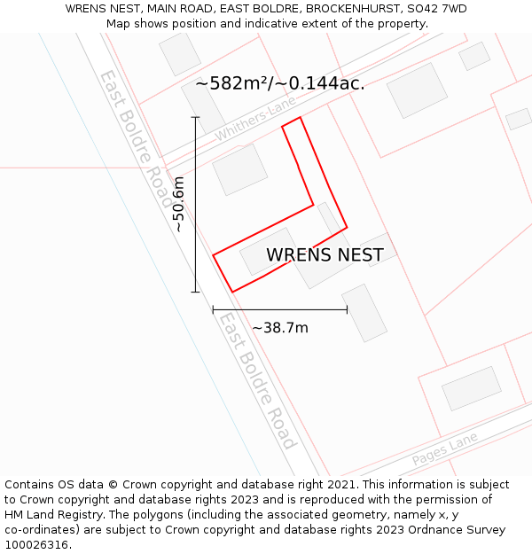 WRENS NEST, MAIN ROAD, EAST BOLDRE, BROCKENHURST, SO42 7WD: Plot and title map