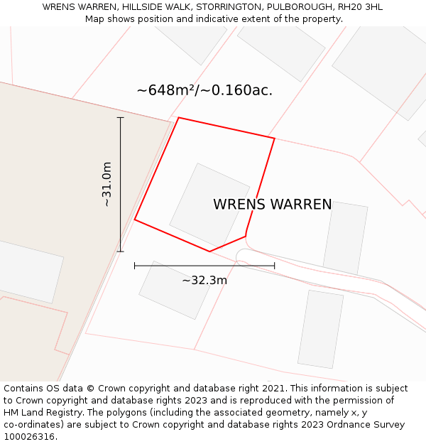 WRENS WARREN, HILLSIDE WALK, STORRINGTON, PULBOROUGH, RH20 3HL: Plot and title map