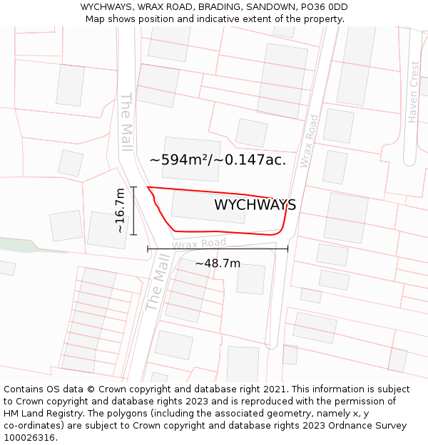 WYCHWAYS, WRAX ROAD, BRADING, SANDOWN, PO36 0DD: Plot and title map