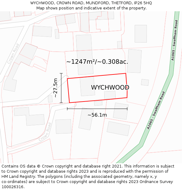 WYCHWOOD, CROWN ROAD, MUNDFORD, THETFORD, IP26 5HQ: Plot and title map