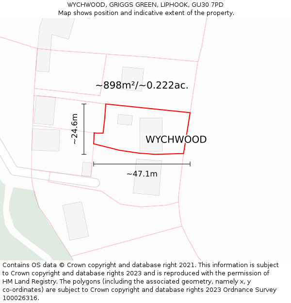 WYCHWOOD, GRIGGS GREEN, LIPHOOK, GU30 7PD: Plot and title map