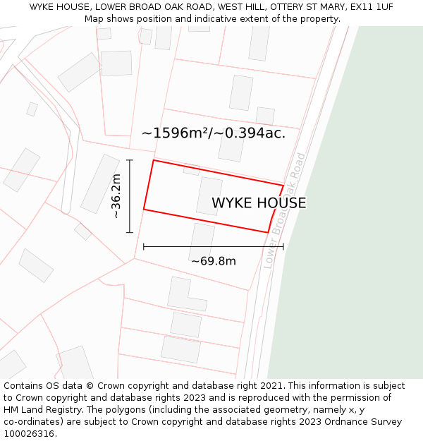 WYKE HOUSE, LOWER BROAD OAK ROAD, WEST HILL, OTTERY ST MARY, EX11 1UF: Plot and title map