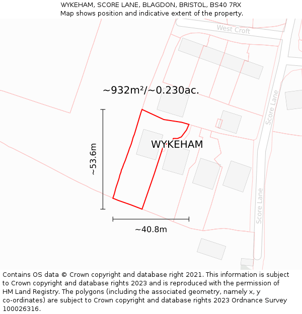 WYKEHAM, SCORE LANE, BLAGDON, BRISTOL, BS40 7RX: Plot and title map