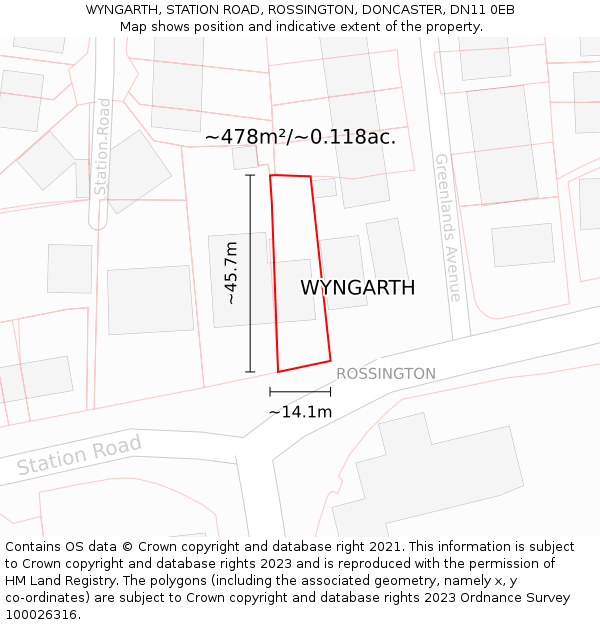 WYNGARTH, STATION ROAD, ROSSINGTON, DONCASTER, DN11 0EB: Plot and title map