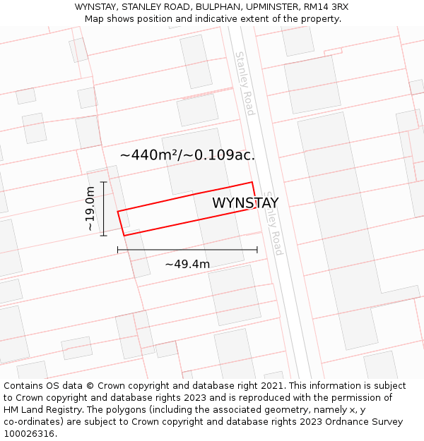 WYNSTAY, STANLEY ROAD, BULPHAN, UPMINSTER, RM14 3RX: Plot and title map