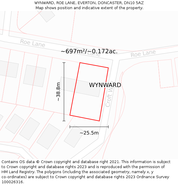 WYNWARD, ROE LANE, EVERTON, DONCASTER, DN10 5AZ: Plot and title map