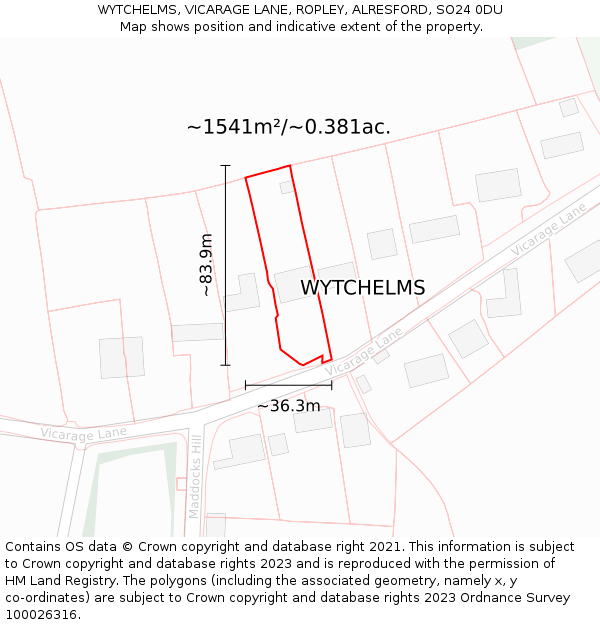 WYTCHELMS, VICARAGE LANE, ROPLEY, ALRESFORD, SO24 0DU: Plot and title map