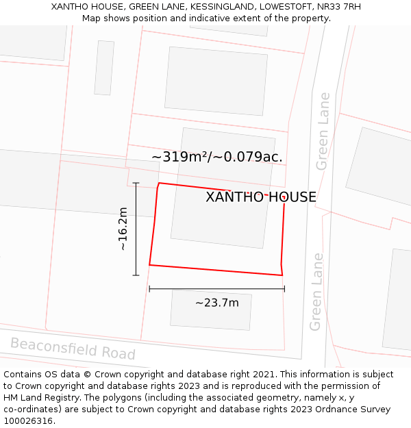 XANTHO HOUSE, GREEN LANE, KESSINGLAND, LOWESTOFT, NR33 7RH: Plot and title map