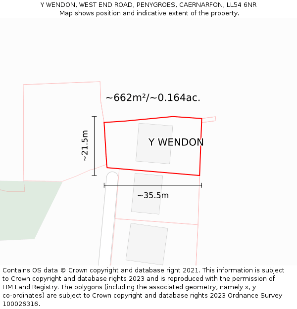 Y WENDON, WEST END ROAD, PENYGROES, CAERNARFON, LL54 6NR: Plot and title map