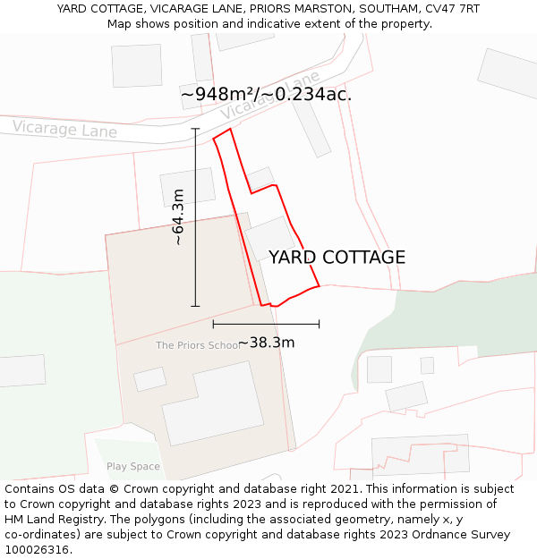 YARD COTTAGE, VICARAGE LANE, PRIORS MARSTON, SOUTHAM, CV47 7RT: Plot and title map