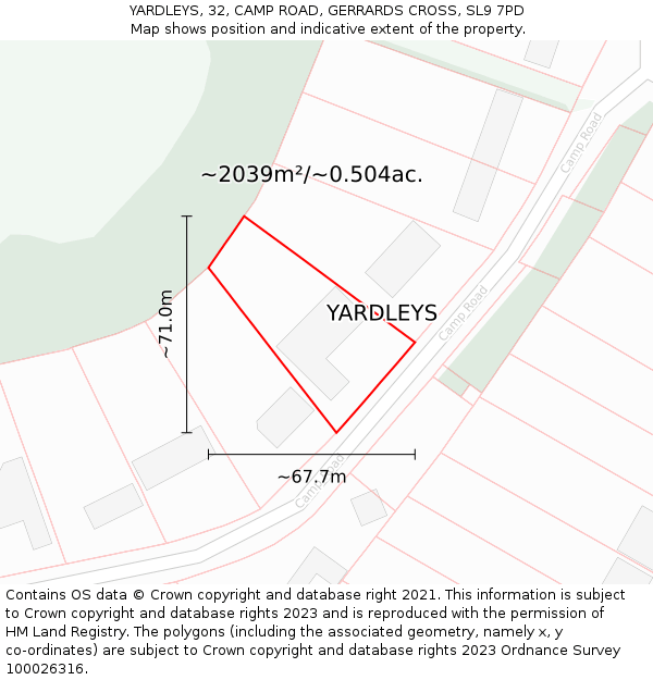 YARDLEYS, 32, CAMP ROAD, GERRARDS CROSS, SL9 7PD: Plot and title map