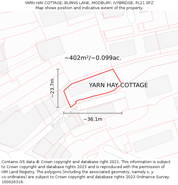 YARN HAY COTTAGE, BURNS LANE, MODBURY, IVYBRIDGE, PL21 0PZ: Plot and title map