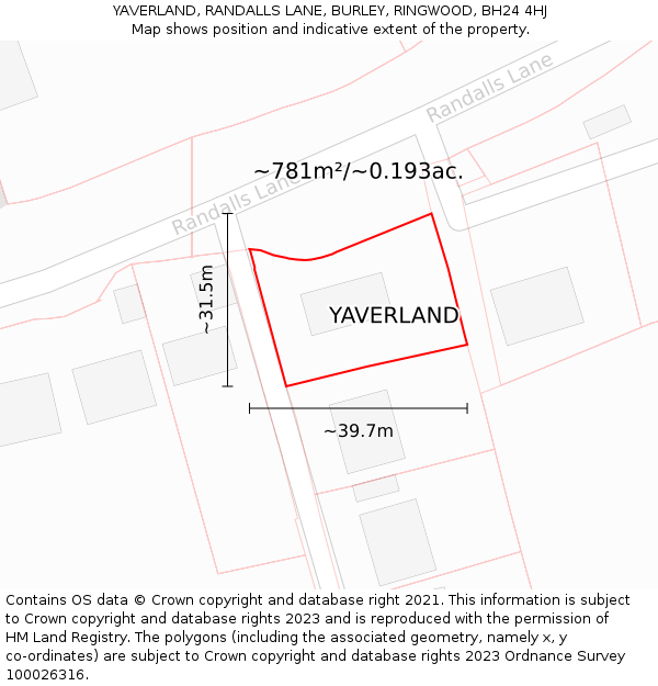 YAVERLAND, RANDALLS LANE, BURLEY, RINGWOOD, BH24 4HJ: Plot and title map