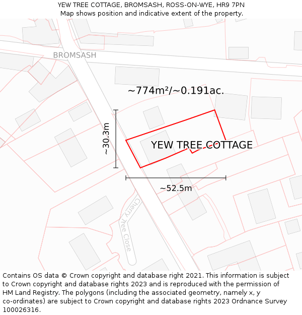 YEW TREE COTTAGE, BROMSASH, ROSS-ON-WYE, HR9 7PN: Plot and title map