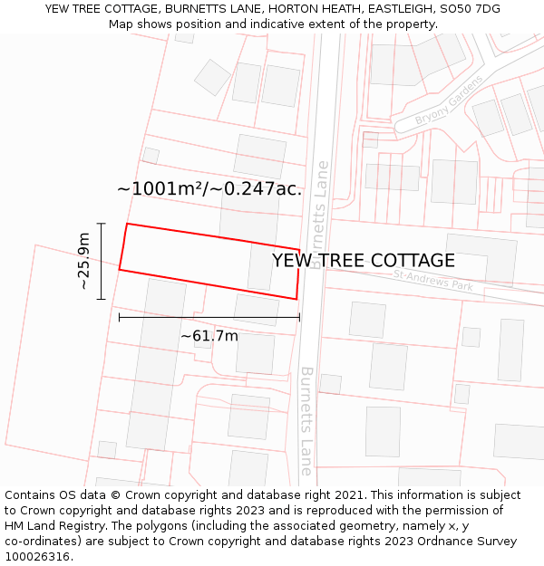 YEW TREE COTTAGE, BURNETTS LANE, HORTON HEATH, EASTLEIGH, SO50 7DG: Plot and title map