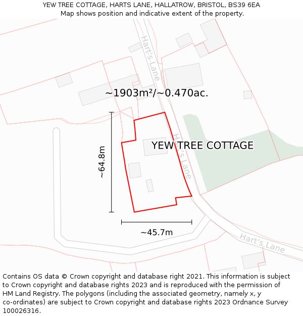 YEW TREE COTTAGE, HARTS LANE, HALLATROW, BRISTOL, BS39 6EA: Plot and title map
