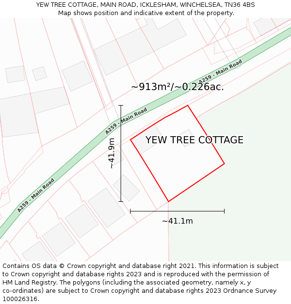 YEW TREE COTTAGE, MAIN ROAD, ICKLESHAM, WINCHELSEA, TN36 4BS: Plot and title map