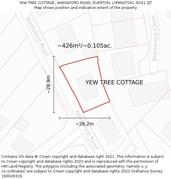 YEW TREE COTTAGE, WAINSFORD ROAD, EVERTON, LYMINGTON, SO41 0JT: Plot and title map