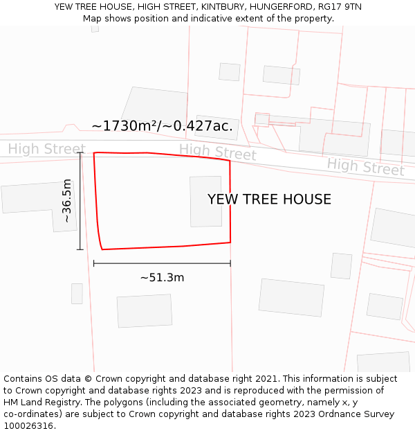YEW TREE HOUSE, HIGH STREET, KINTBURY, HUNGERFORD, RG17 9TN: Plot and title map