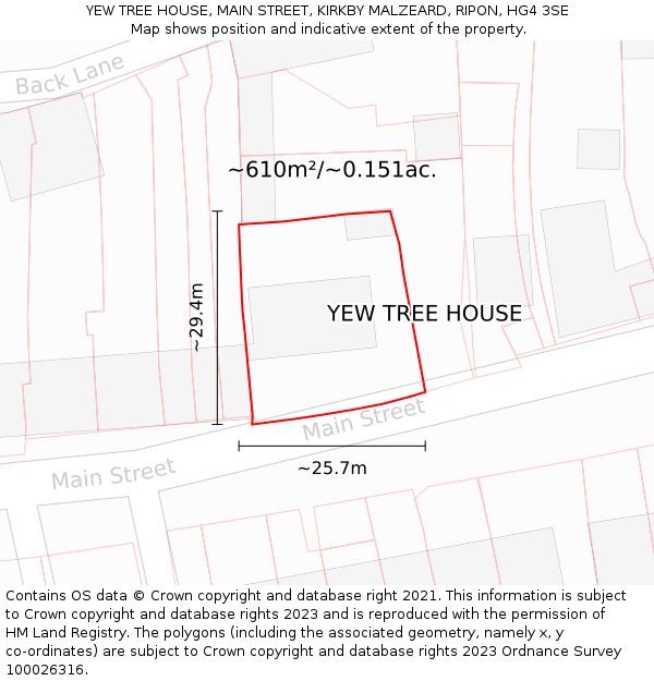 YEW TREE HOUSE, MAIN STREET, KIRKBY MALZEARD, RIPON, HG4 3SE: Plot and title map