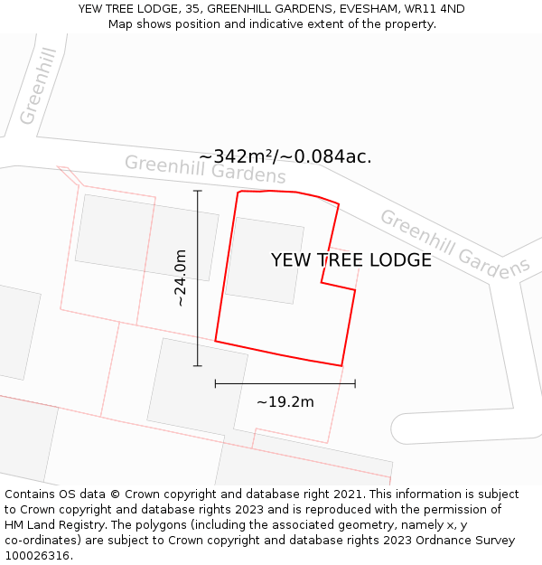 YEW TREE LODGE, 35, GREENHILL GARDENS, EVESHAM, WR11 4ND: Plot and title map