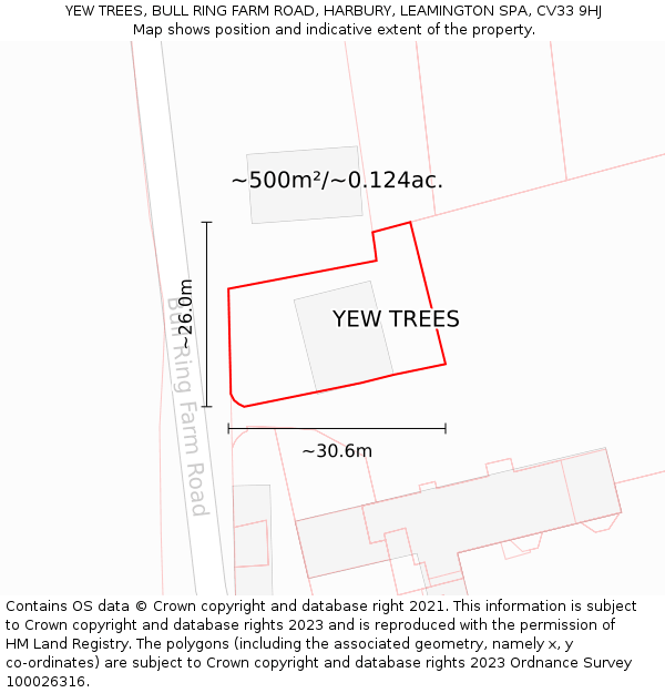 YEW TREES, BULL RING FARM ROAD, HARBURY, LEAMINGTON SPA, CV33 9HJ: Plot and title map