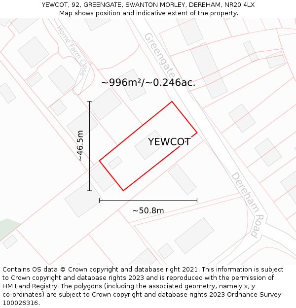 YEWCOT, 92, GREENGATE, SWANTON MORLEY, DEREHAM, NR20 4LX: Plot and title map