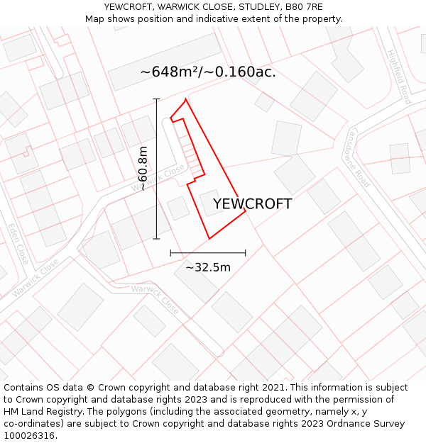 YEWCROFT, WARWICK CLOSE, STUDLEY, B80 7RE: Plot and title map