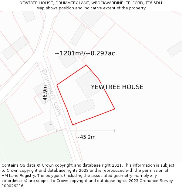 YEWTREE HOUSE, DRUMMERY LANE, WROCKWARDINE, TELFORD, TF6 5DH: Plot and title map