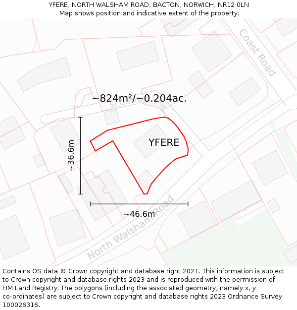 YFERE, NORTH WALSHAM ROAD, BACTON, NORWICH, NR12 0LN: Plot and title map