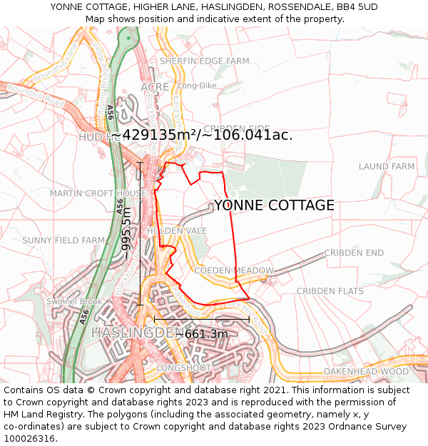 YONNE COTTAGE, HIGHER LANE, HASLINGDEN, ROSSENDALE, BB4 5UD: Plot and title map