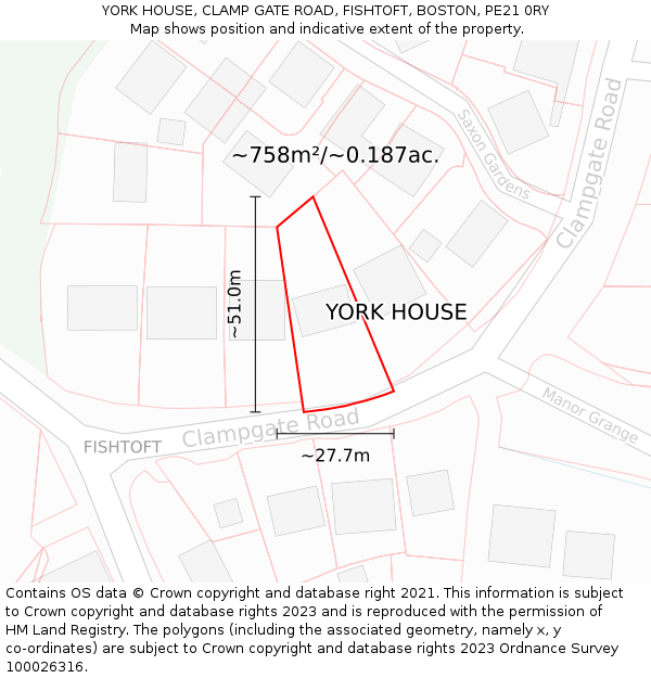 YORK HOUSE, CLAMP GATE ROAD, FISHTOFT, BOSTON, PE21 0RY: Plot and title map